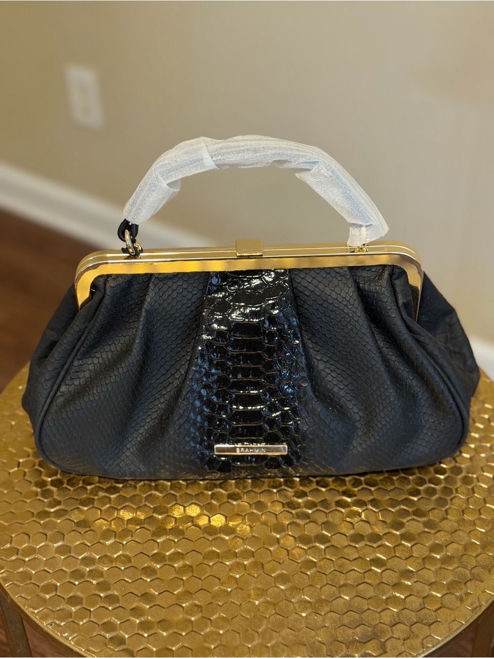Brahmin Emmett Black Harkness Frame-Top Satchel with Gold Trim